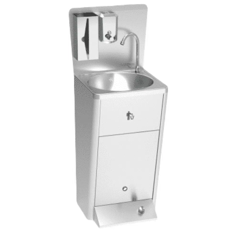 Foot Operated Integral Hand Sink with Backsplash Soap and Towel Dispenser